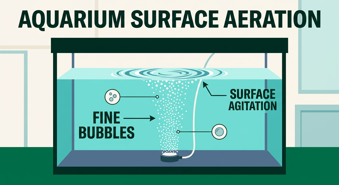 Photograph showing aquarium aeration with air stone creating bubbles and surface agitation for gas exchange