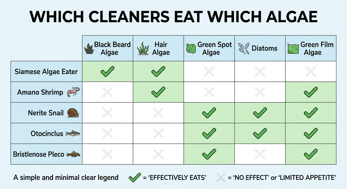 Chart showing which aquarium cleaner species eat which types of algae