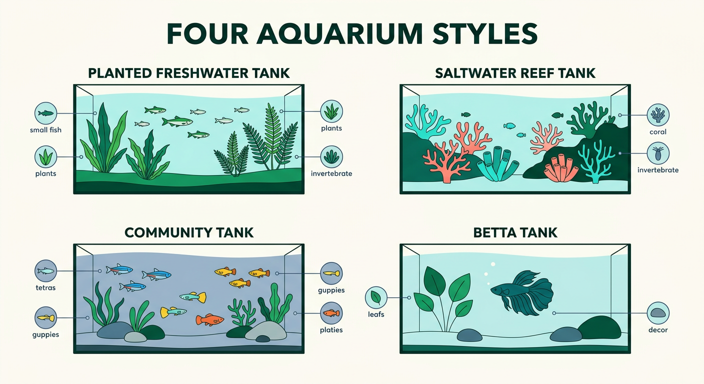 Four aquarium styles shown: planted freshwater, saltwater reef, community tank, and betta setup