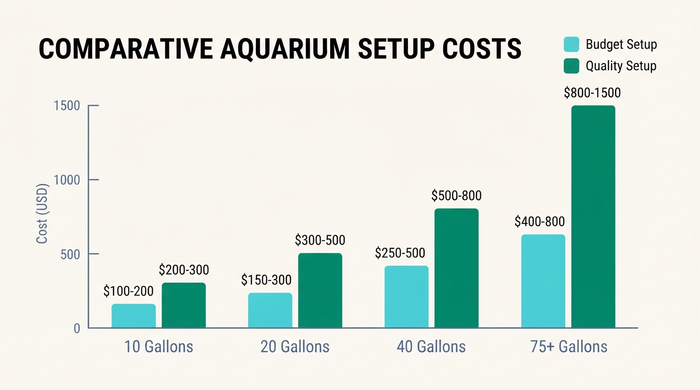 Bar chart comparing budget and quality aquarium setup costs for 10, 20, 40, and 75+ gallon tanks
