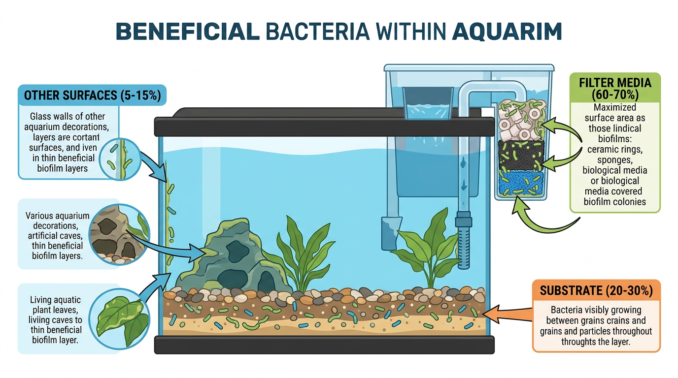 Illustration of mechanical aquarium filtration showing water passing through foam or filter floss, with visible debris being trapped while clean water flows through