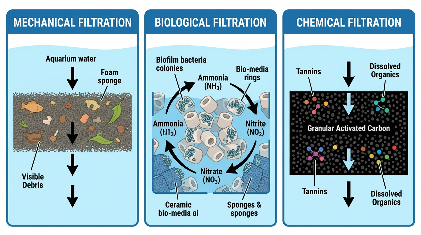 Diagram showing where beneficial bacteria live in an aquarium: 60-70% in filter media, 20-30% in substrate, 5-15% on glass, decorations, and plant surfaces