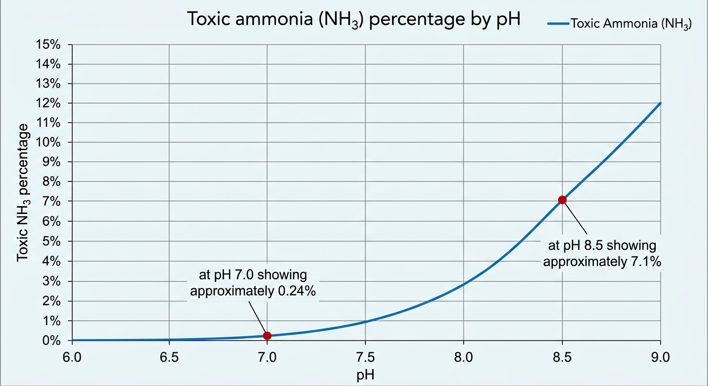 Chart showing the percentage of toxic free ammonia (NH₃) increasing exponentially from about 0.24% at pH 7.0 to about 7.1% at pH 8.5