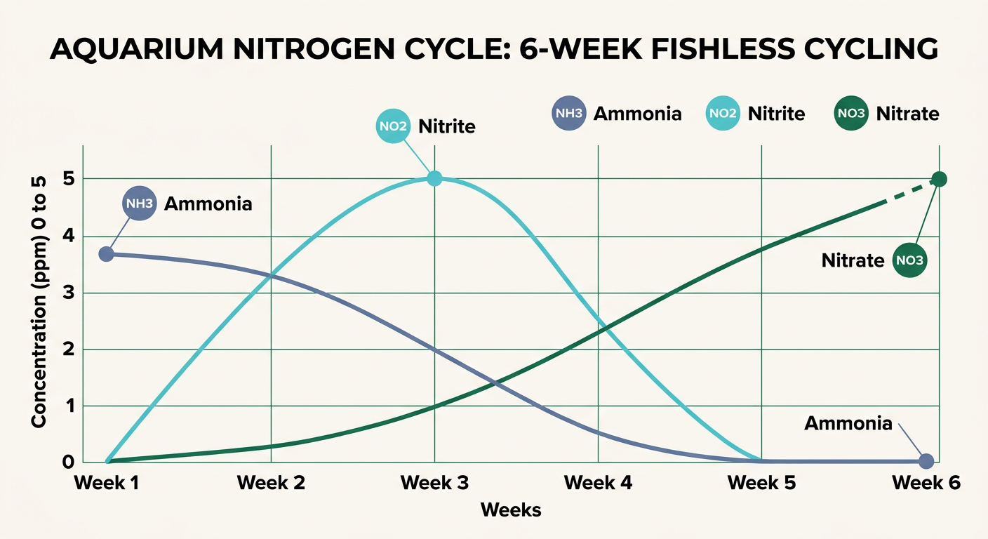 Line chart showing ammonia rising then falling, nitrite spiking at weeks 2-3 then dropping, and nitrate climbing steadily over a 6-week aquarium cycle.