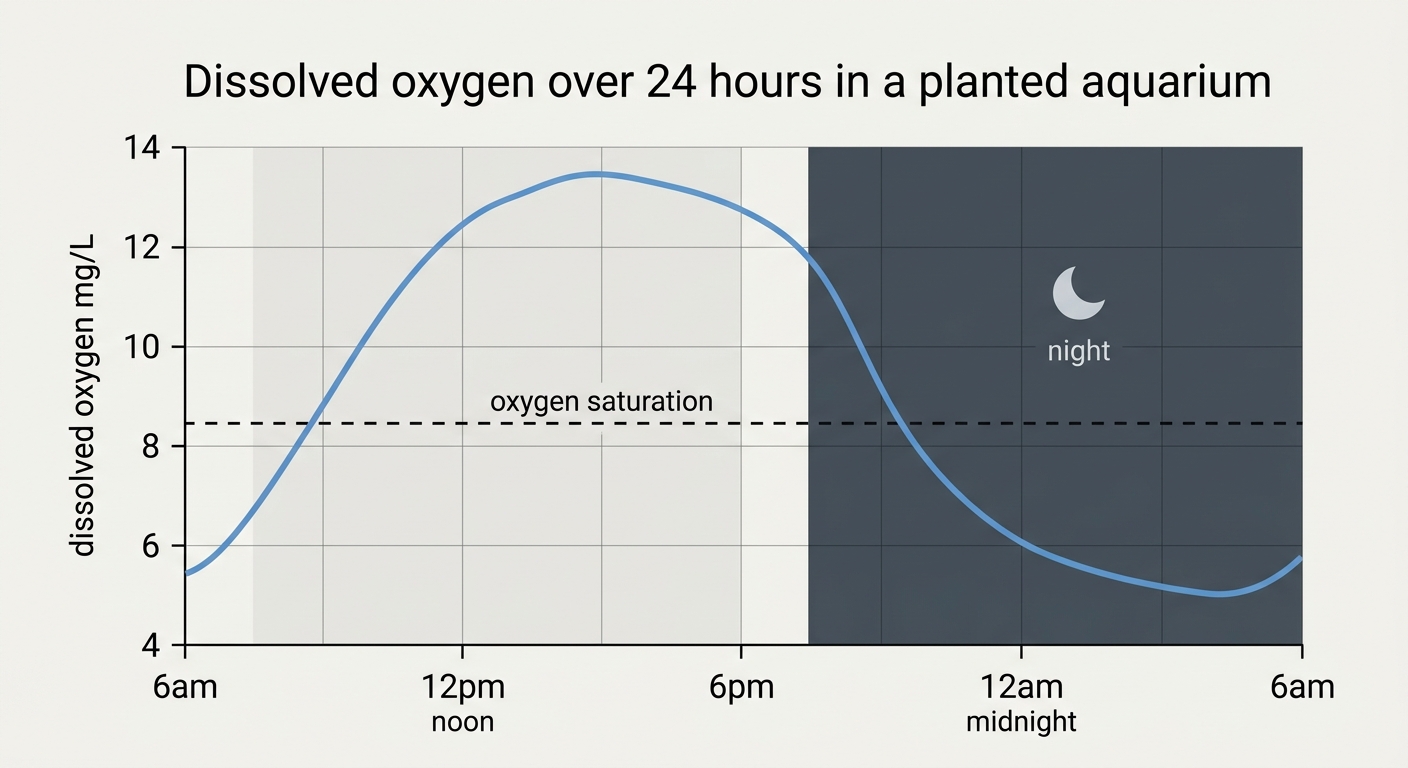 Line chart showing aquarium dissolved oxygen peaking above saturation during daylight hours and dropping overnight when plants switch to respiration
