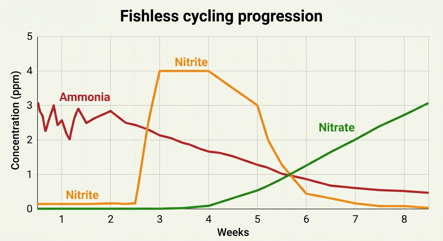 Chart showing ammonia dropping, nitrite spiking then dropping, and nitrate rising over an 8-week fishless cycling period