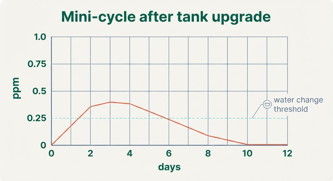 Line chart showing a typical post-upgrade mini-cycle with ammonia peaking near 0.4 ppm around day 3 and returning to zero by day 10.