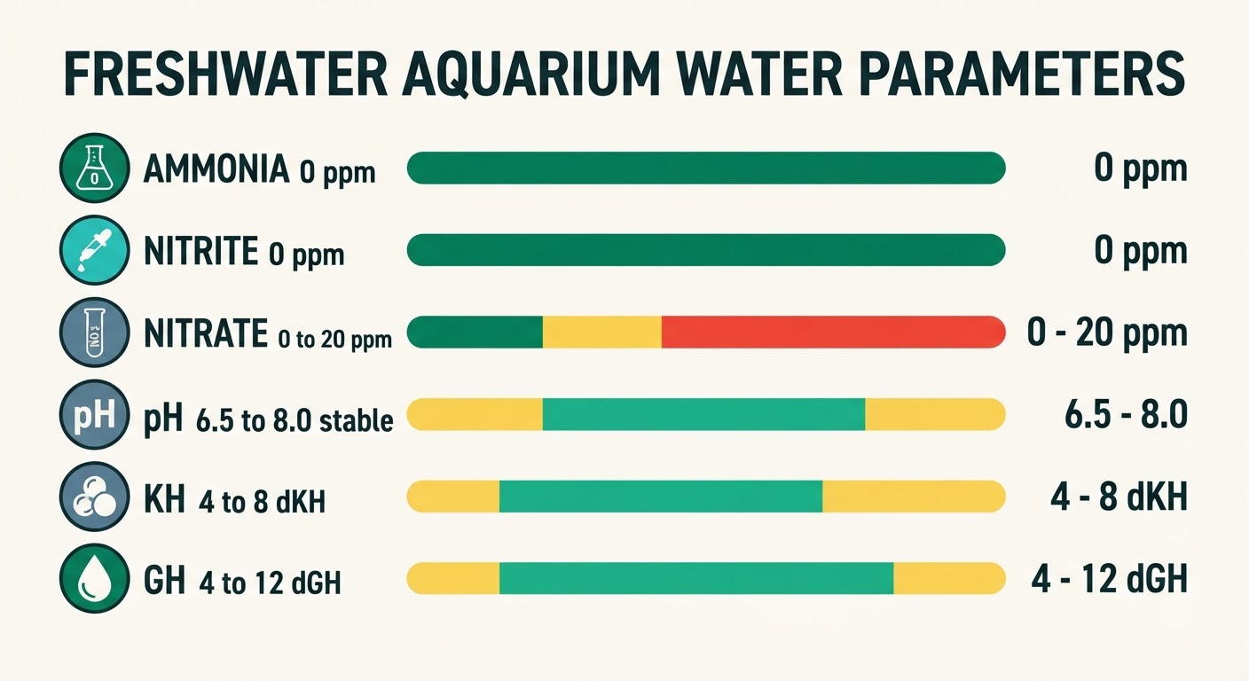 Range-bar chart listing critical freshwater aquarium parameters with their safe, caution, and danger zones for ammonia, nitrite, nitrate, pH, KH, and GH.