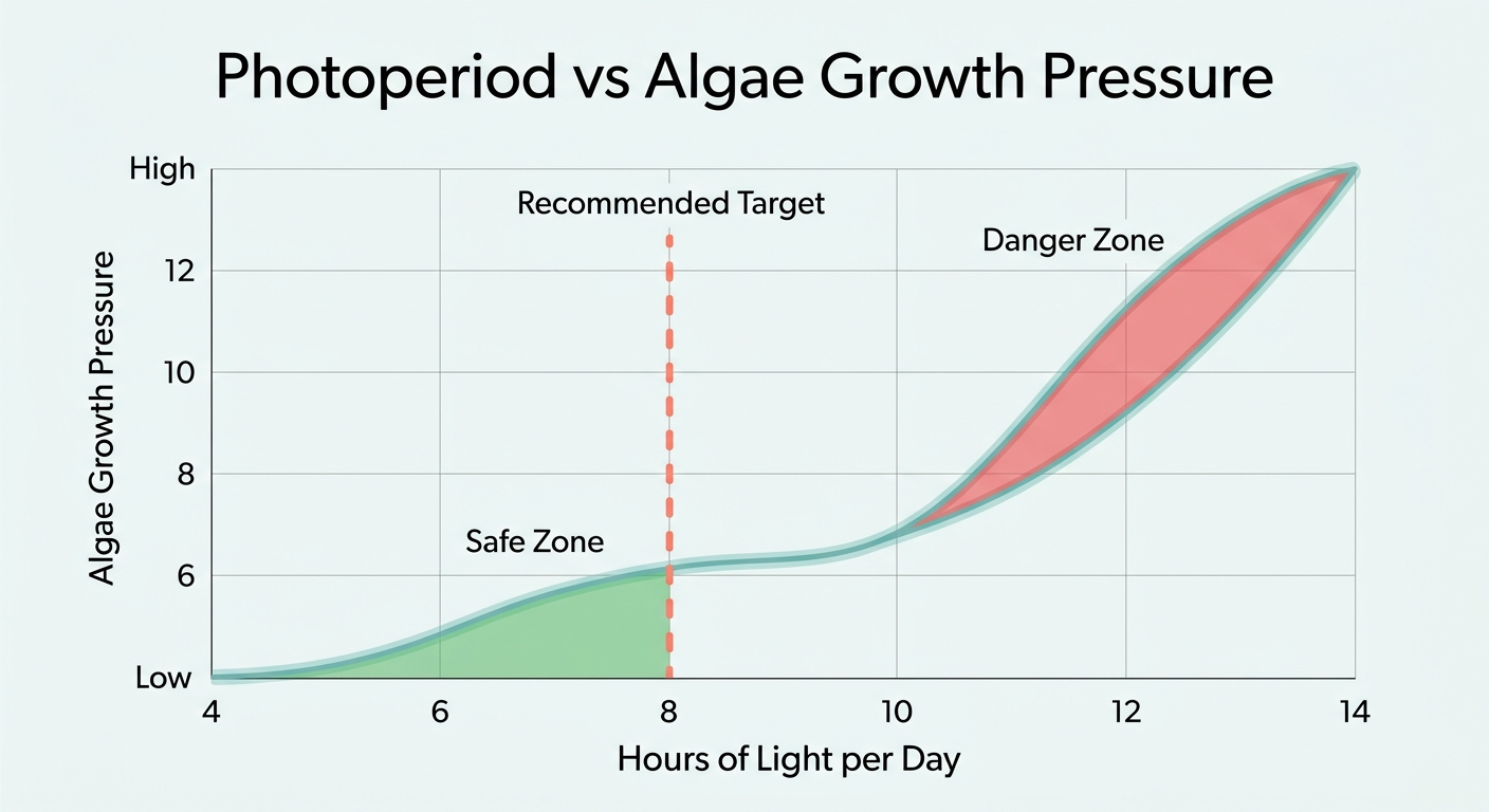 Chart showing how aquarium algae growth pressure increases with longer photoperiods, with safe zone at 6-8 hours and danger zone above 10 hours