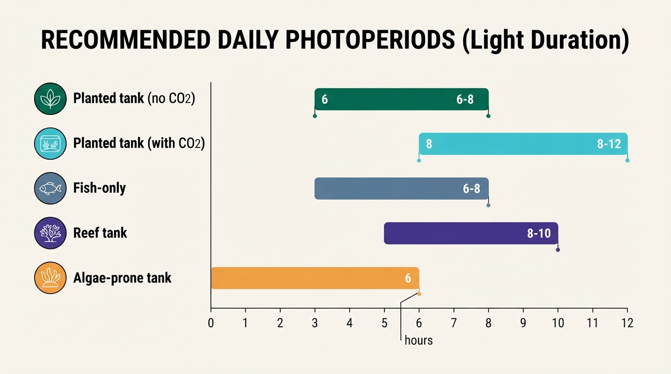 Horizontal bar chart showing recommended daily light duration in hours for planted, fish-only, reef, and algae-prone aquariums