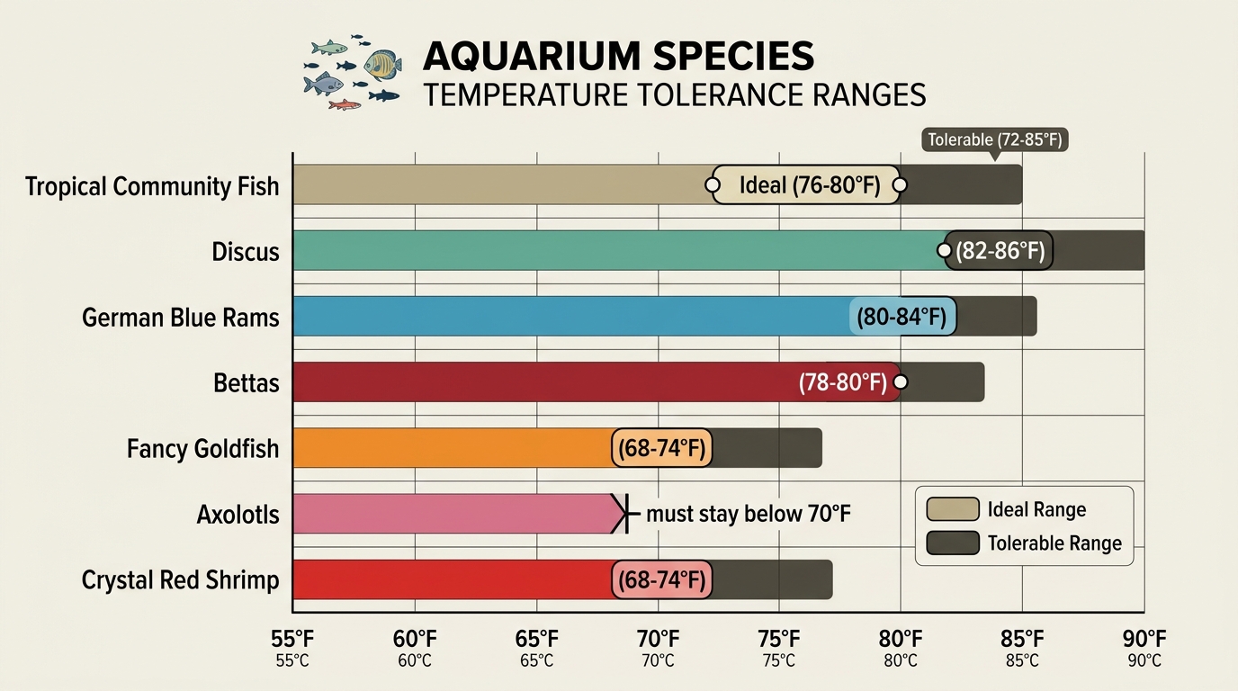 Horizontal bar chart showing temperature ranges and preferences for various aquarium fish and invertebrates