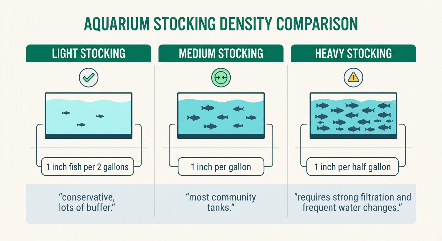 Chart comparing light, medium, and heavy aquarium stocking densities with fish-per-gallon ratios