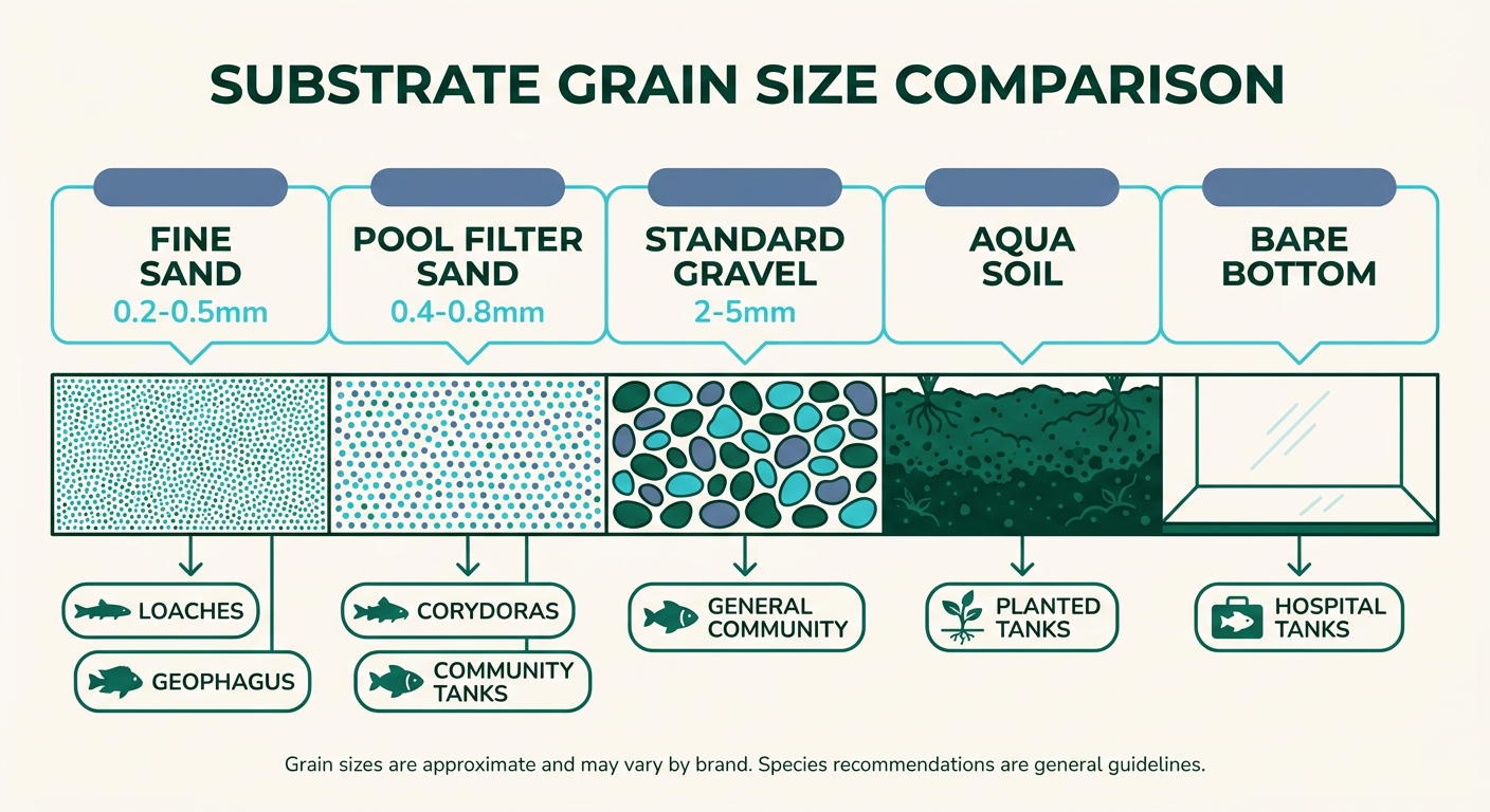 Chart comparing five aquarium substrate types by grain size with recommended species for each