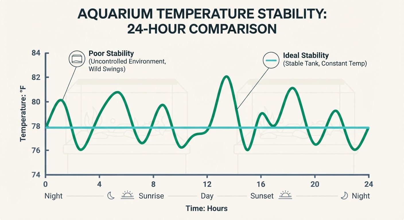 Line chart showing temperature fluctuations over 24 hours comparing stable vs unstable aquarium heating