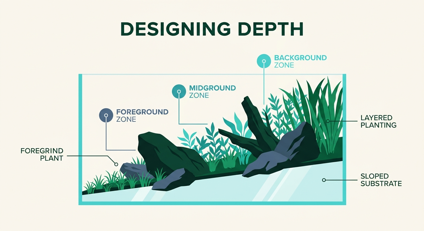 Side-view illustration showing substrate slope and plant height layering from foreground to background to create depth in aquarium