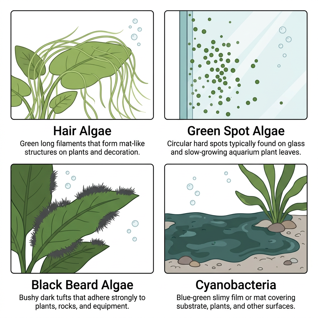 Four-panel chart identifying hair algae, green spot algae, black beard algae, and cyanobacteria as they appear on aquarium plants and glass