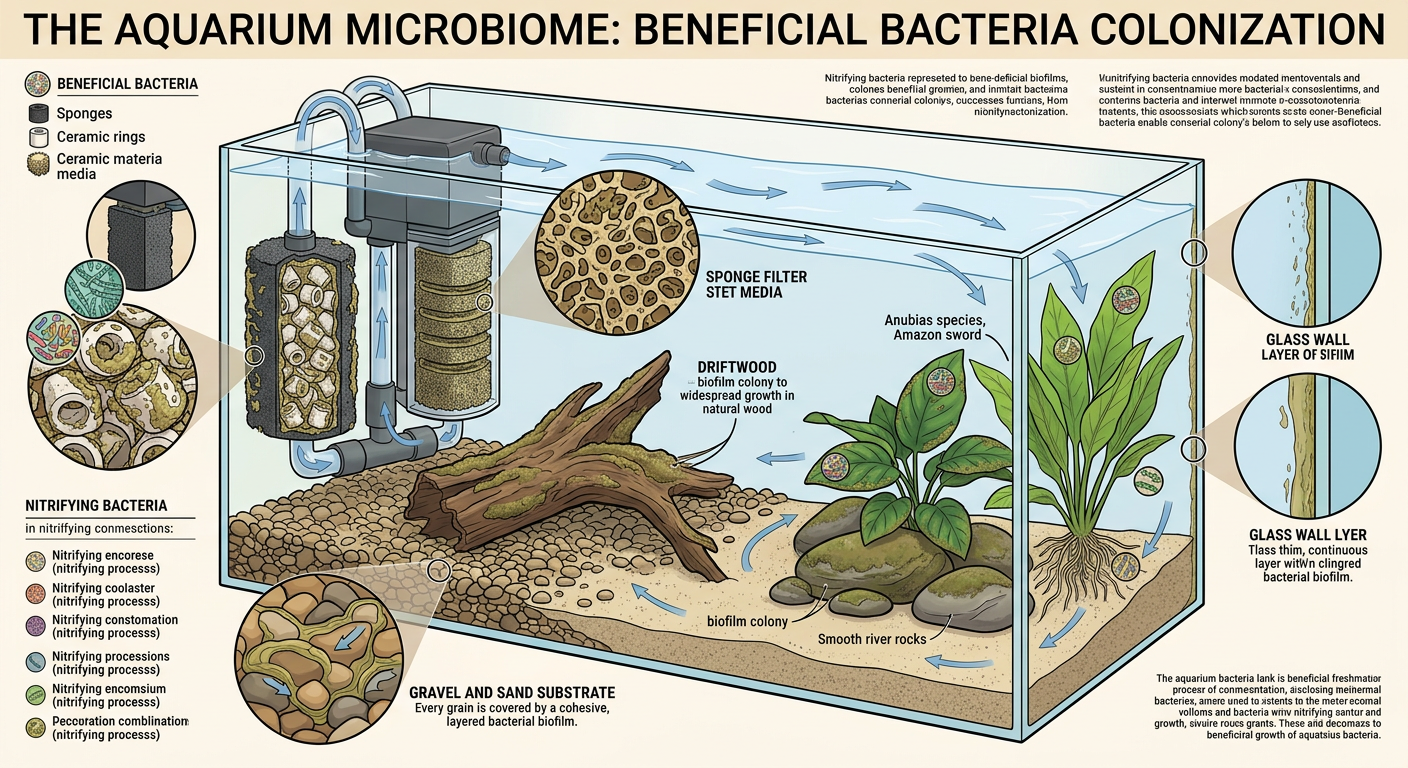 Diagram showing beneficial bacteria colonizing filter media, substrate, decorations, plants, and glass surfaces throughout an aquarium
