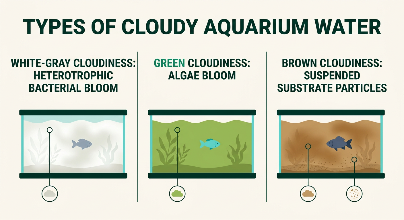 Three-panel diagram contrasting bacterial bloom (white-gray water), algae bloom (green water), and suspended substrate cloudiness (brown water) in aquarium tanks.