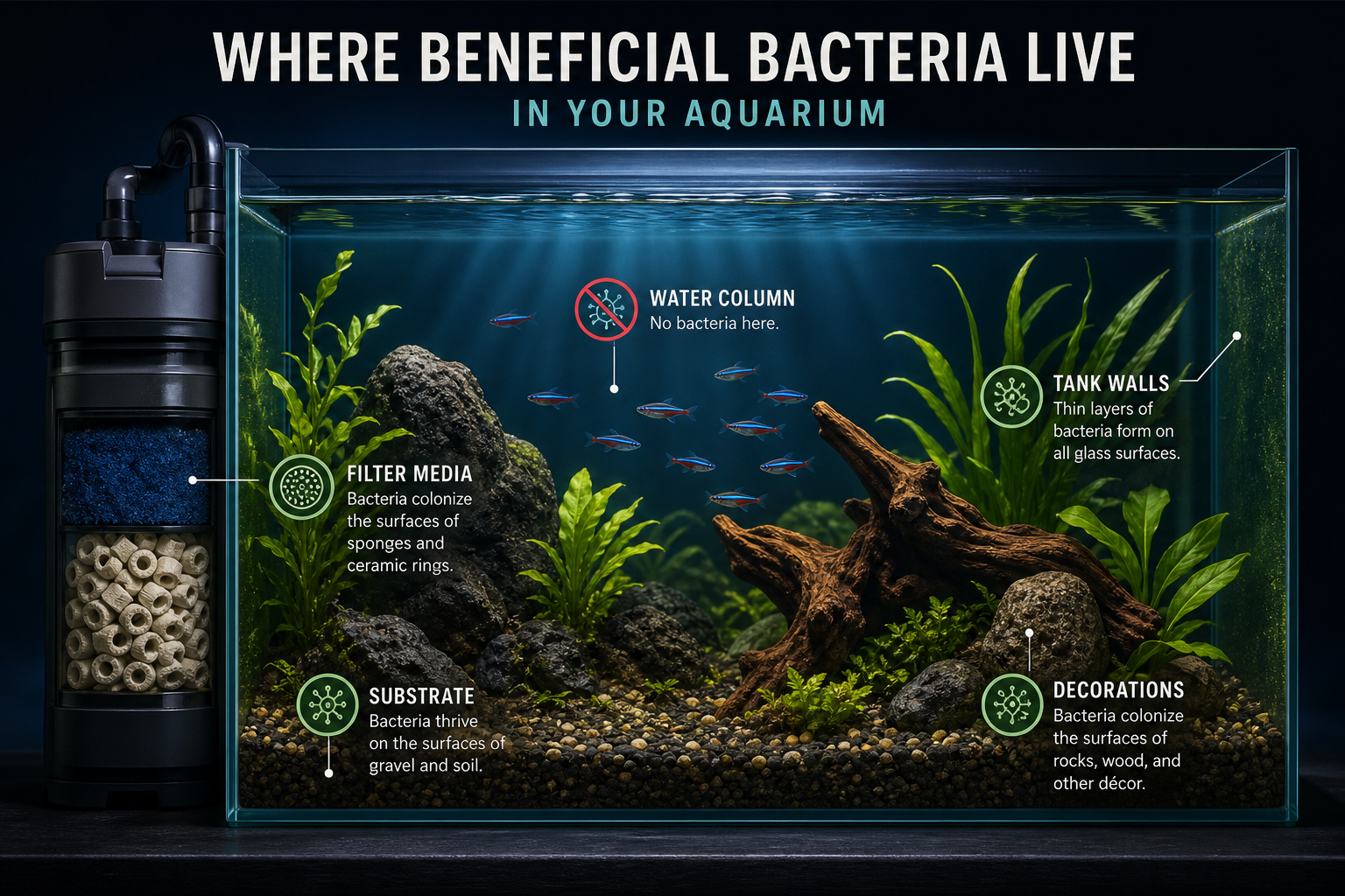 Infographic showing beneficial bacteria live on filter media, gravel, and decorations, not floating in water
