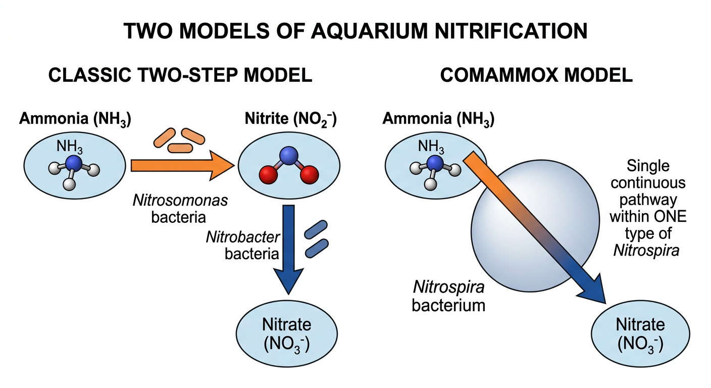 Comparison diagram of the classic two-bacterium nitrogen cycle model versus the comammox model where a single nitrospira performs complete ammonia oxidation in one pathway