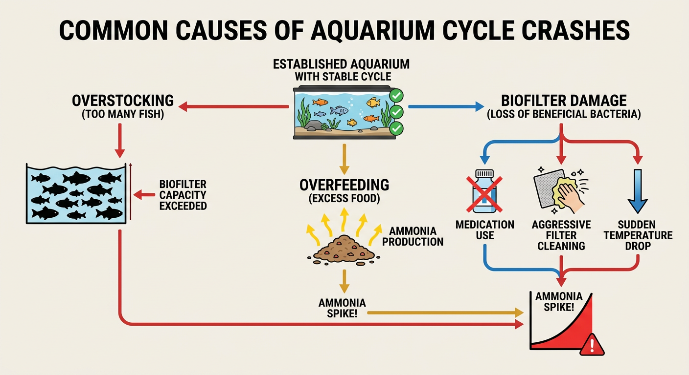 Troubleshooting diagram showing how overstocking, overfeeding, and biofilter damage each lead to ammonia spikes in an established aquarium