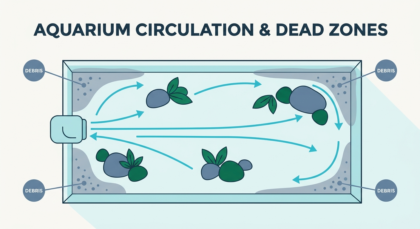 Top-down aquarium diagram highlighting stagnant dead zones in low-flow corners where waste accumulates