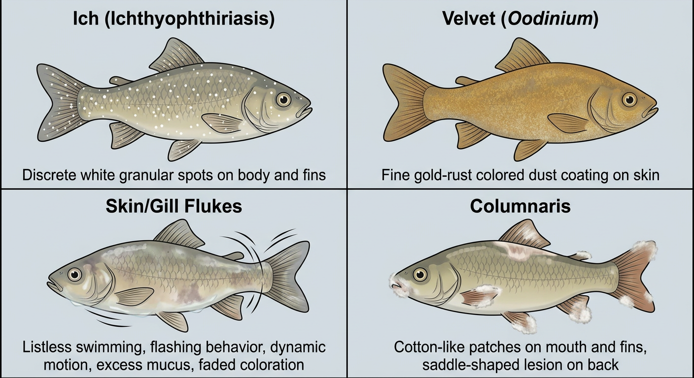 Visual guide distinguishing ich, velvet, flukes, and columnaris with key identifying characteristics