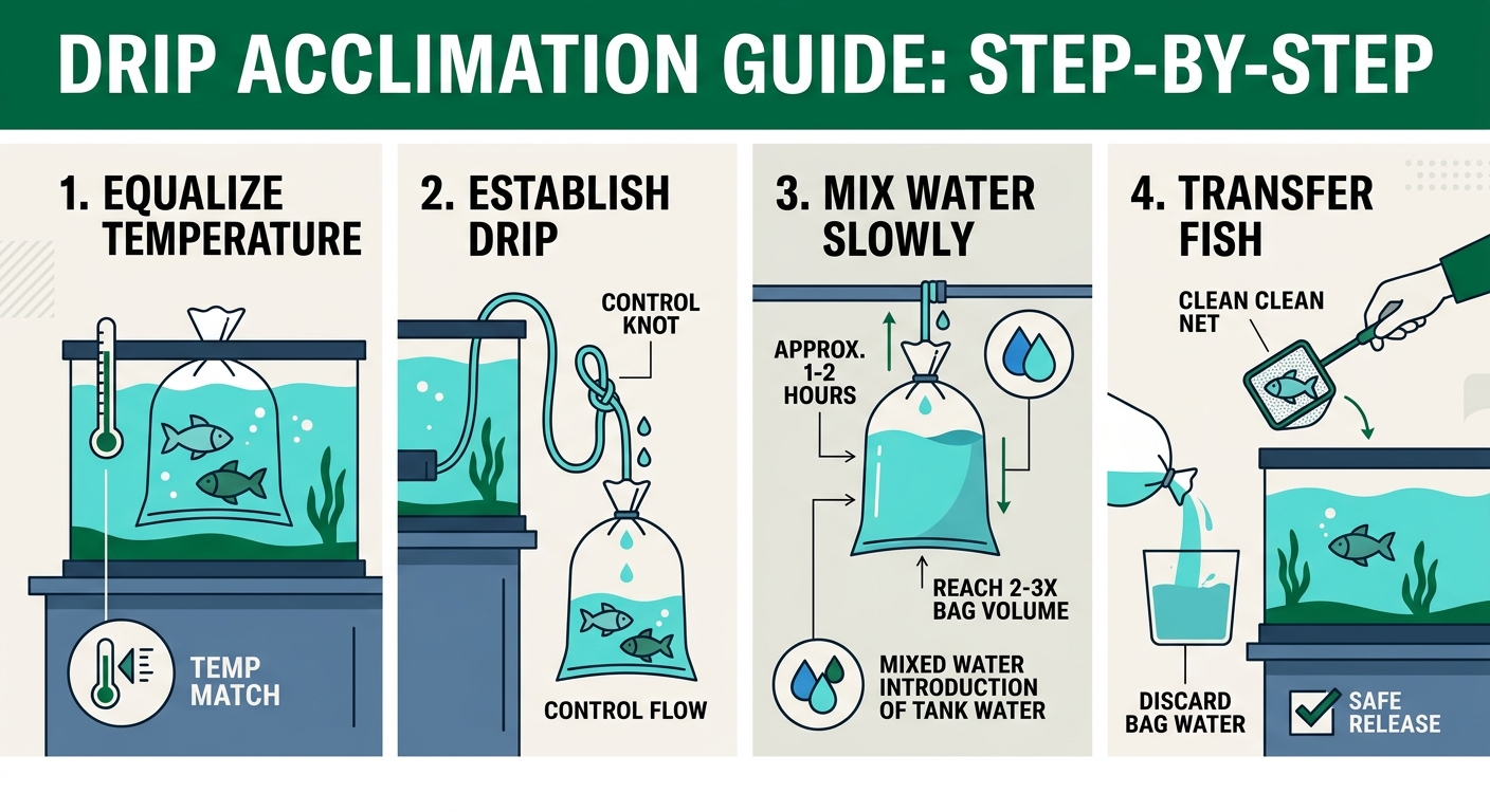 Step-by-step diagram of the drip acclimation method showing temperature equalization, slow drip mixing, and fish release