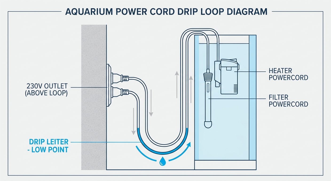 Technical side-view diagram showing aquarium power cords routed in a drip loop below the wall outlet so water drips off instead of traveling into the outlet