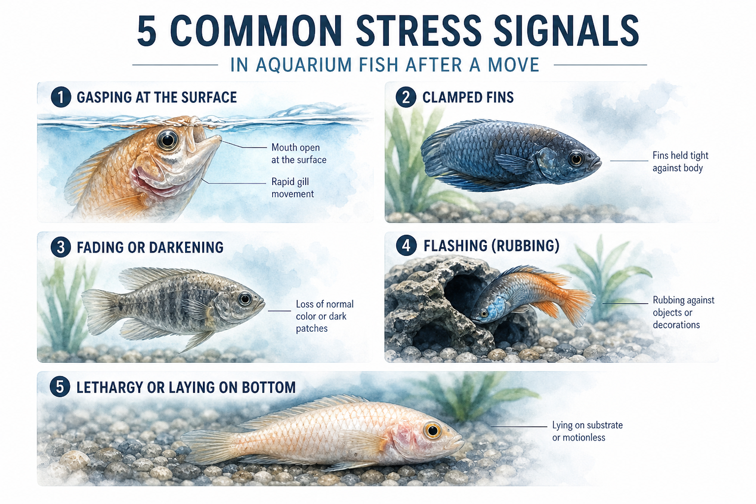 Educational poster showing five stress signals in fish: gasping, clamped fins, color loss, flashing, and lying on bottom