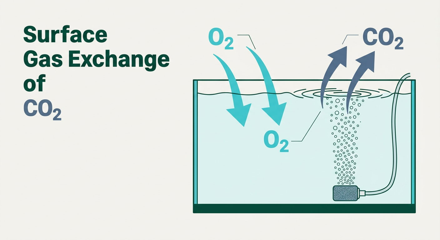 Cross-section diagram showing how surface agitation breaks the boundary layer, allowing oxygen to enter and carbon dioxide to leave aquarium water