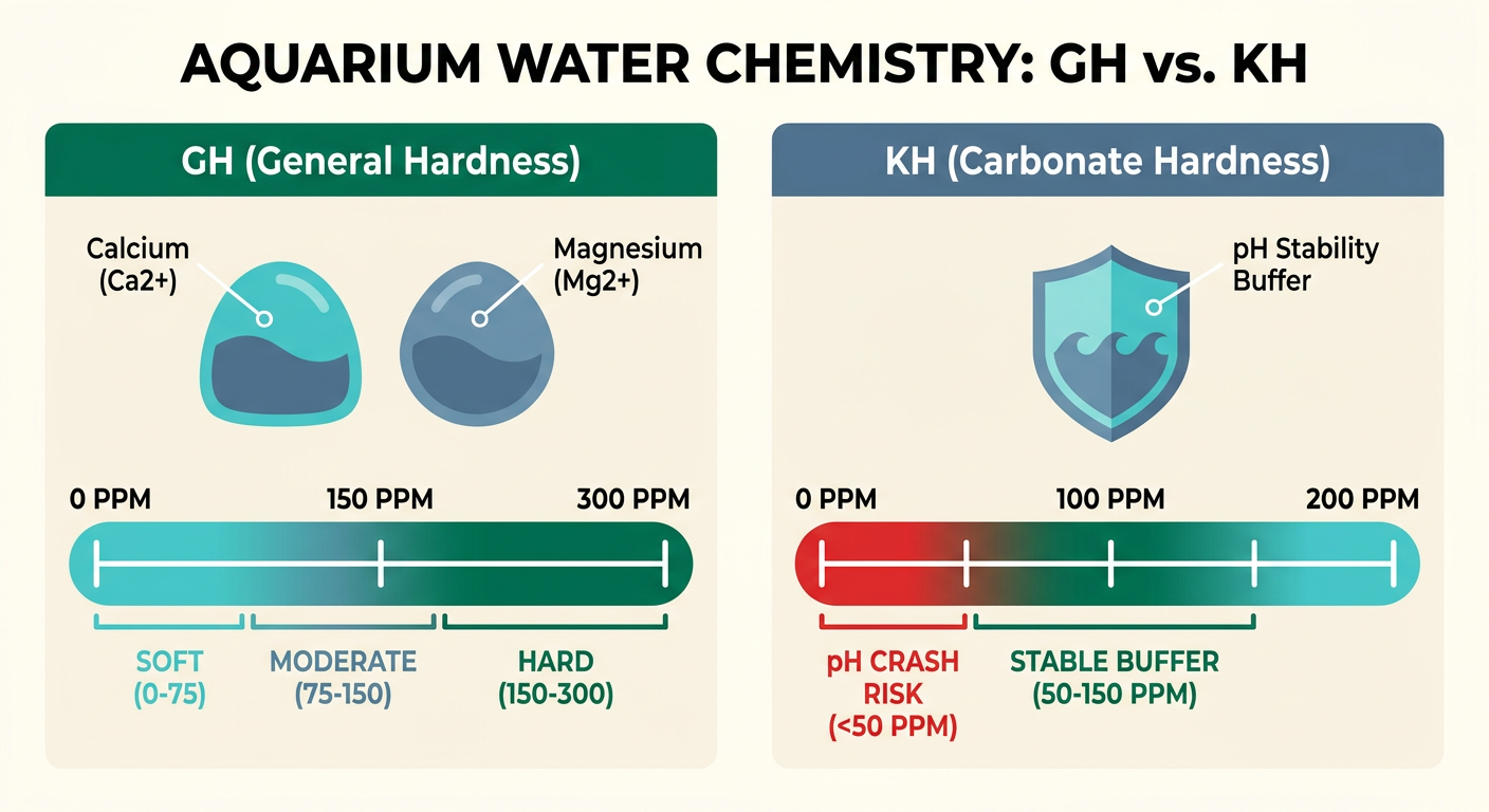 Side-by-side infographic comparing GH (general hardness measuring calcium and magnesium, 0-300 ppm) and KH (carbonate hardness measuring buffering capacity, 50-150 ppm safe range).