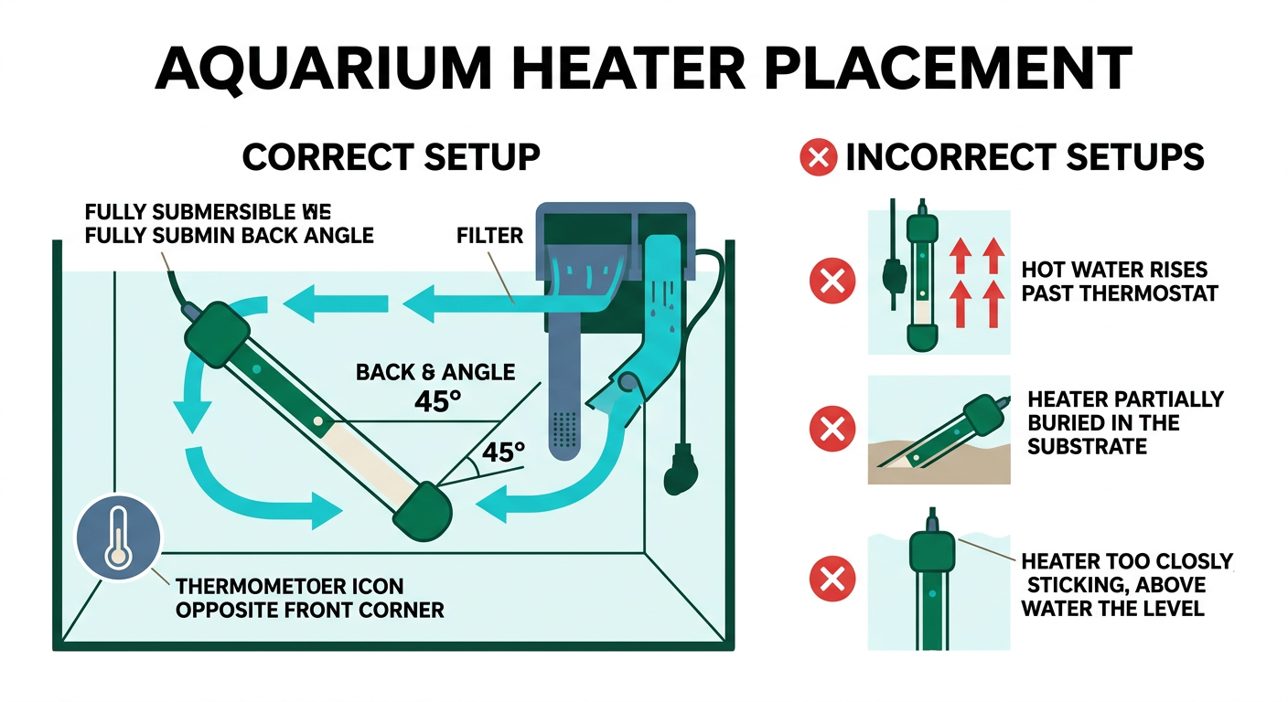 Diagram showing correct and incorrect aquarium heater placement positions with water flow arrows