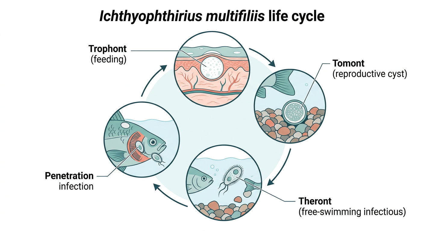 Circular diagram showing the four stages of the Ich parasite life cycle: feeding trophont on fish skin, reproductive tomont cyst on substrate, free-swimming infectious theront, and penetration of fish host