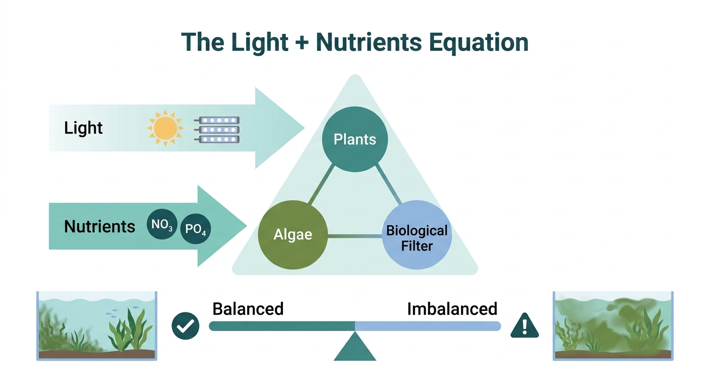 Diagram showing the balance between light, nutrients, plant uptake, and algae growth in an aquarium system