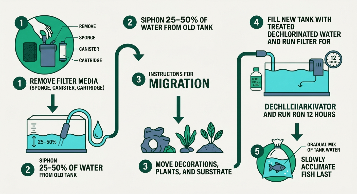 Five-step migration flowchart: filter media first, then water, hardscape and substrate, running filter for 12 hours, then acclimating fish last.