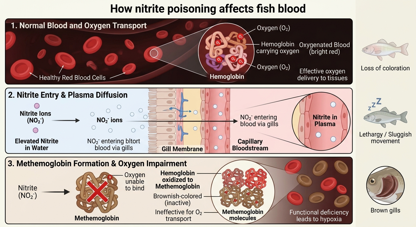 Physiological diagram showing how nitrite ions enter fish blood and convert hemoglobin into oxygen-blocking methemoglobin, causing brown blood disease