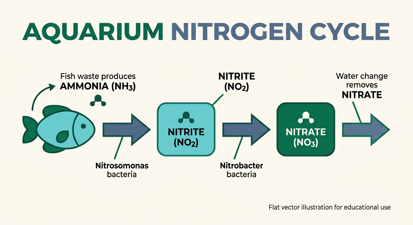Diagram showing the aquarium nitrogen cycle: fish waste produces ammonia, Nitrosomonas bacteria convert ammonia to nitrite, Nitrobacter bacteria convert nitrite to nitrate, and water changes remove nitrate.