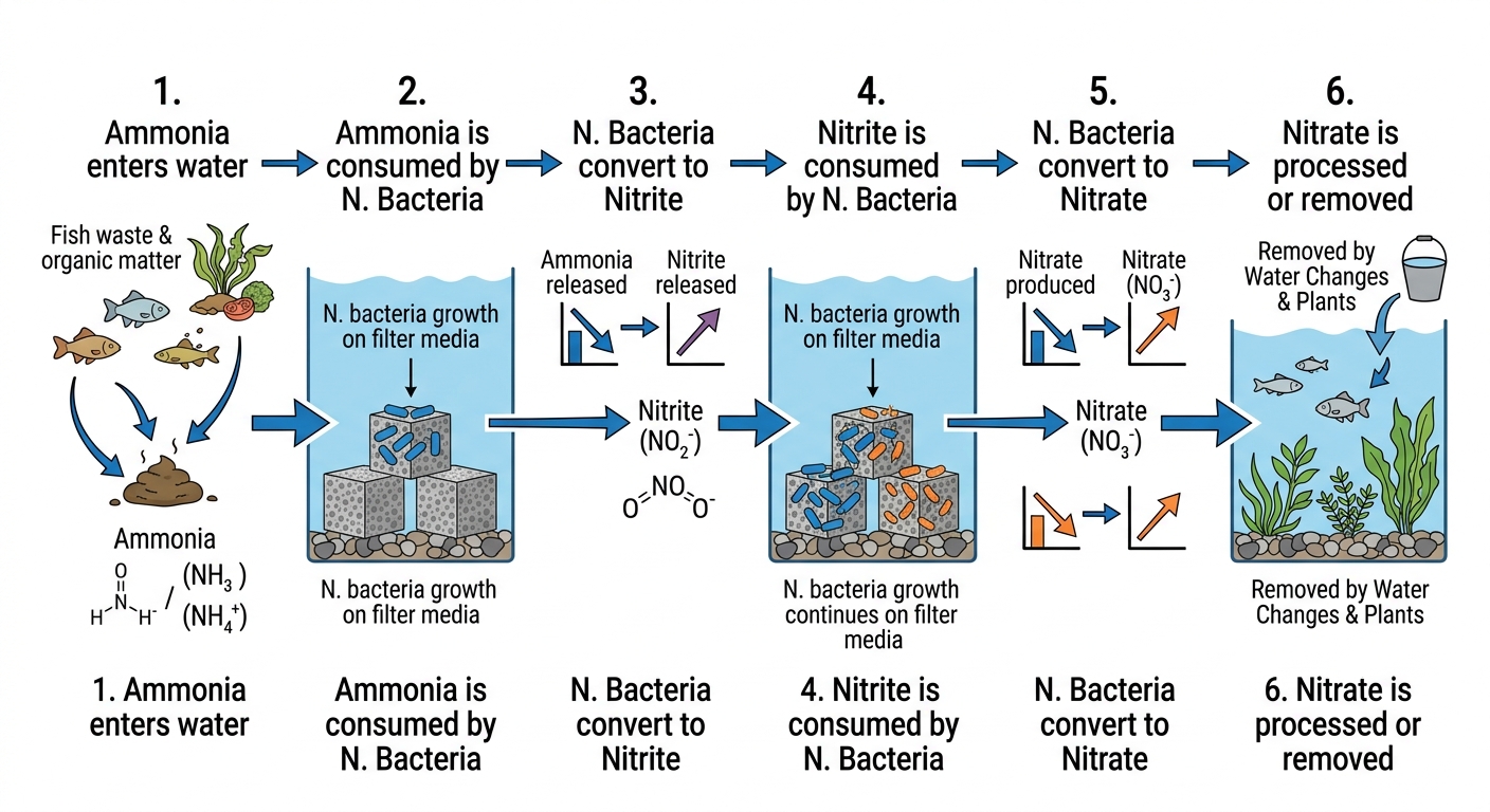 Diagram showing the three-stage aquarium nitrogen cycle: ammonia from fish waste, conversion to nitrite by bacteria, and conversion to nitrate by a second group of bacteria