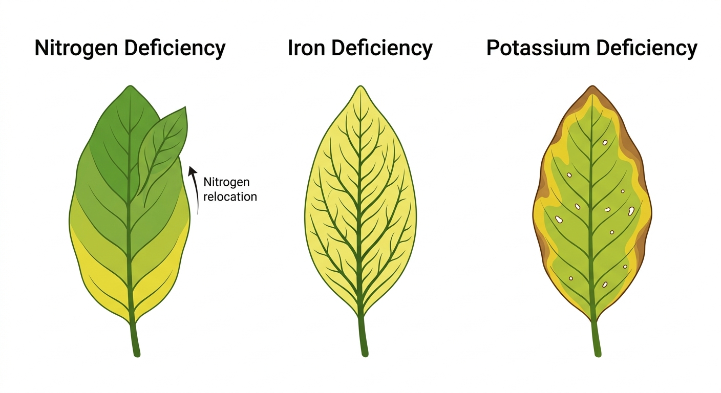 Three-panel chart showing nitrogen deficiency (older leaves yellowing first), iron deficiency (new leaves pale with green veins), and potassium deficiency (yellow edges and pinholes in leaves)