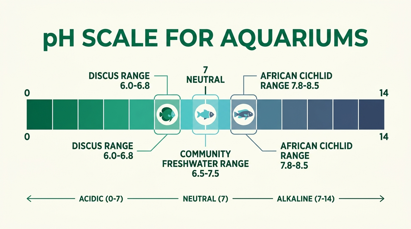 Horizontal pH scale from 0 to 14 showing preferred ranges for discus (6.0-6.8), community freshwater fish (6.5-7.5), and African cichlids (7.8-8.5).