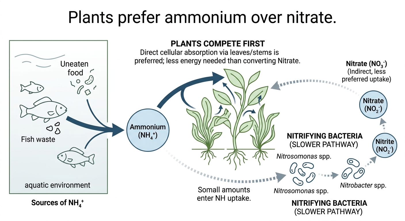 Diagram showing aquatic plants absorbing ammonium directly from water faster than nitrifying bacteria can convert it to nitrate