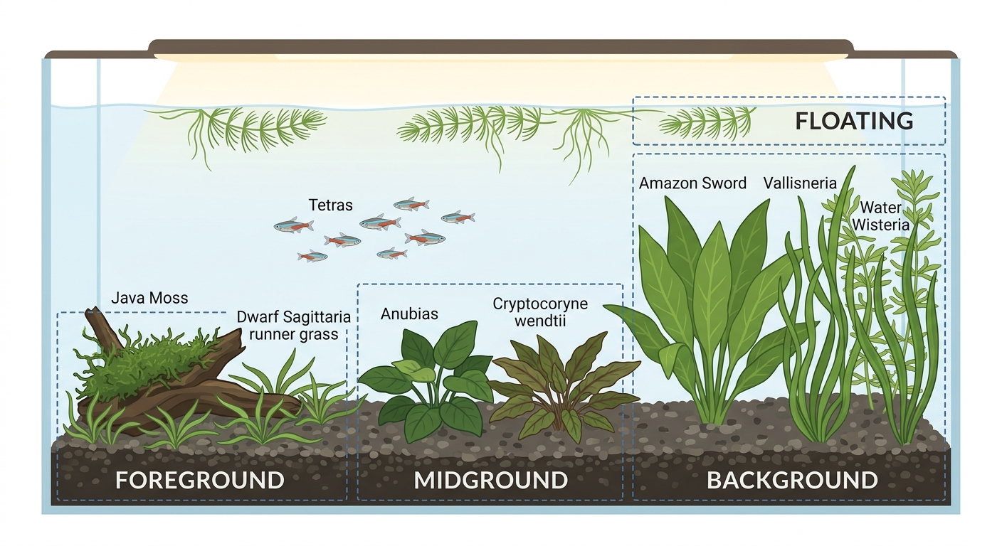 Diagram of a planted aquarium showing four planting zones: foreground carpeting plants, midground rosette plants like Anubias, tall background stem plants, and floating species at the surface