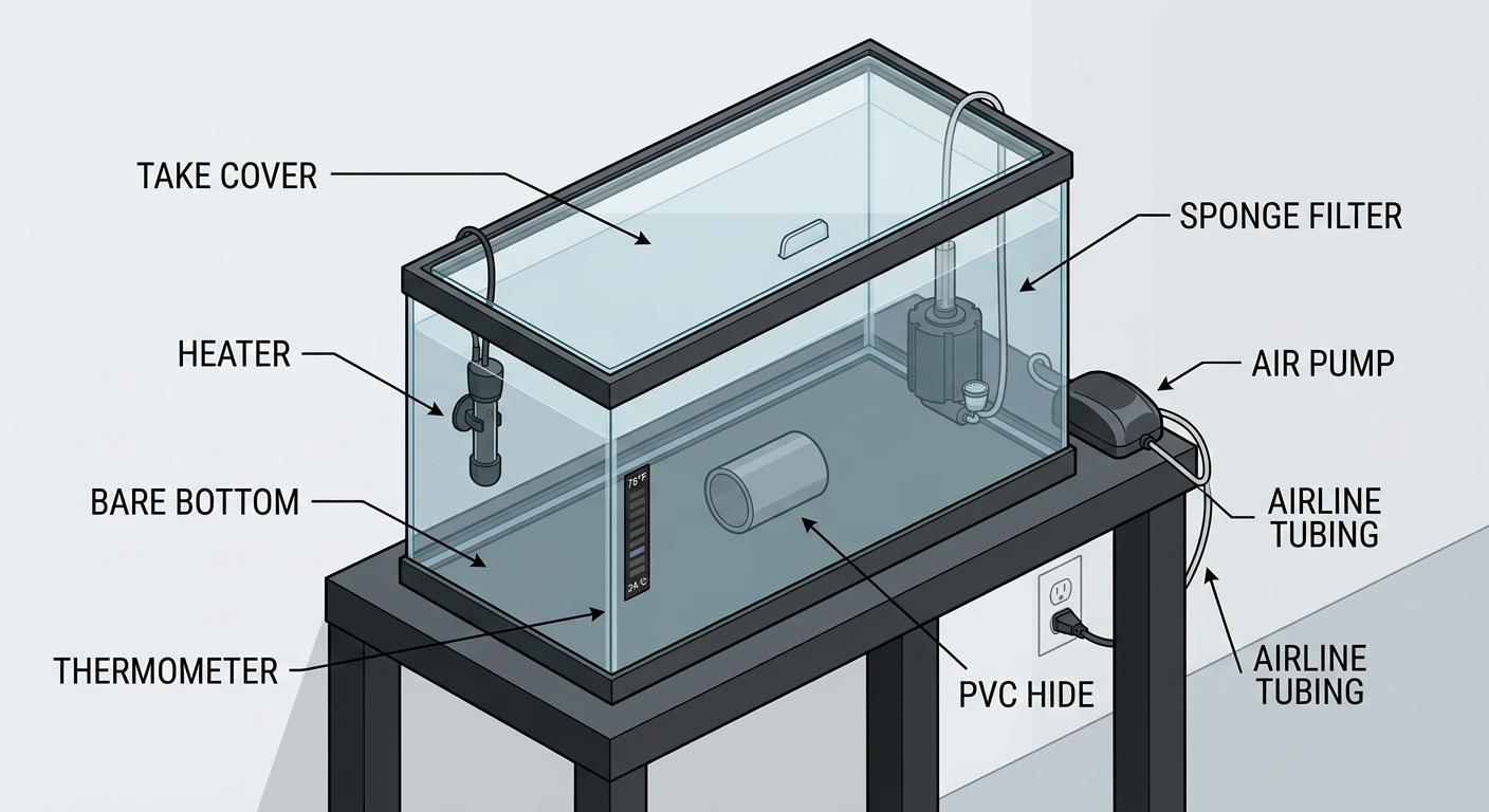 Labeled diagram of a bare-bottom 10-gallon quarantine aquarium showing sponge filter, heater, air pump, PVC hide, and thermometer