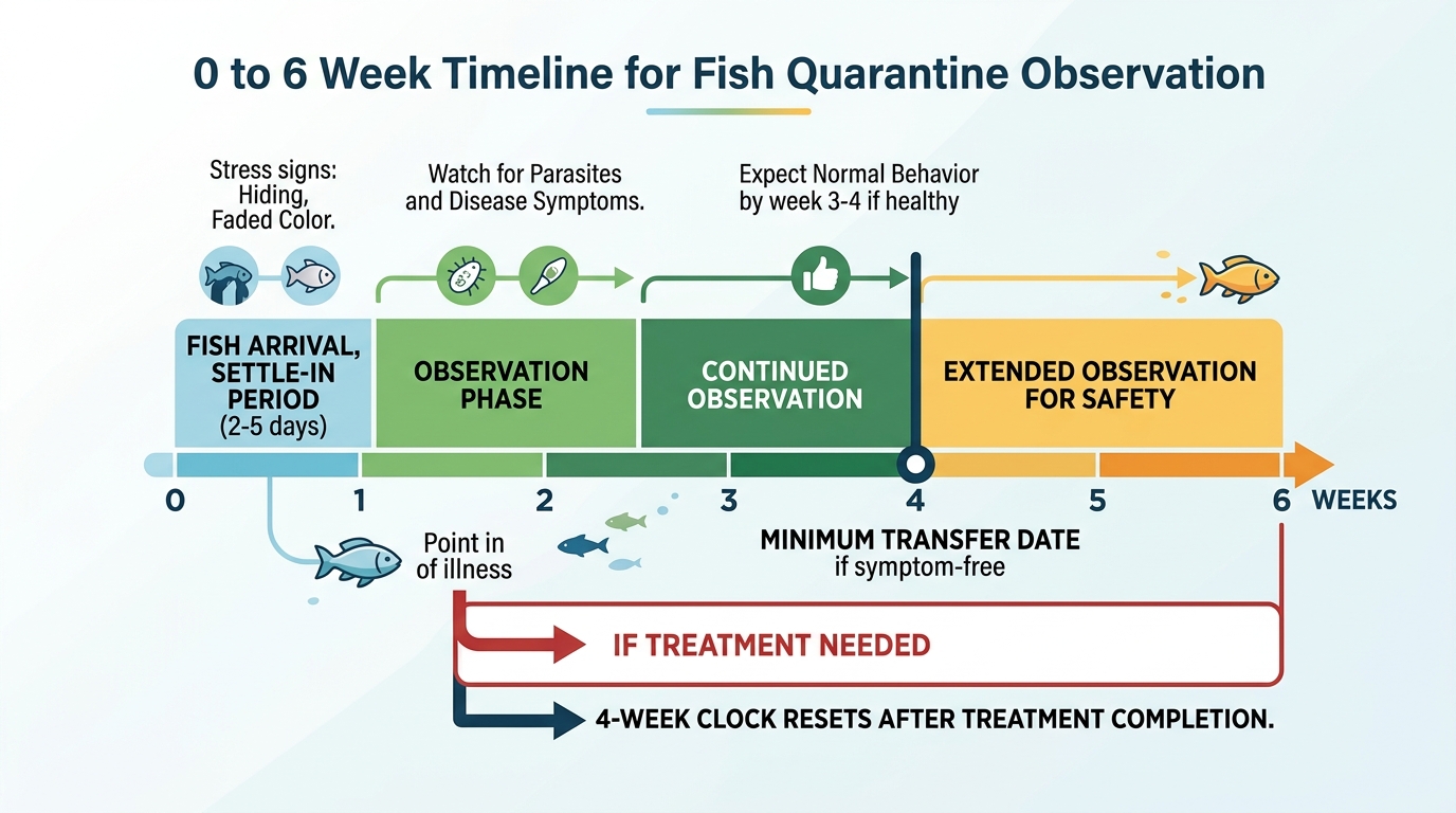 Timeline showing 4-6 week quarantine observation period with key checkpoints and treatment reset rule