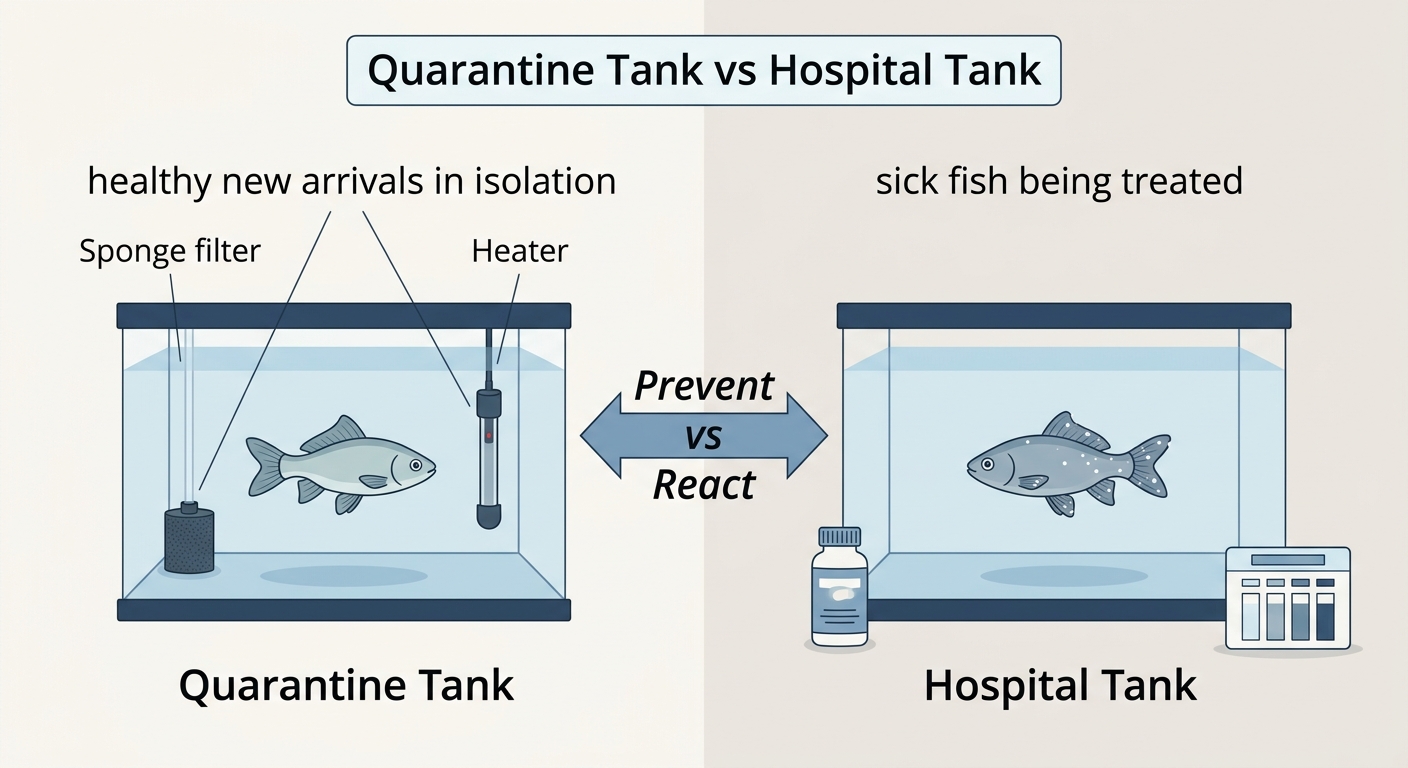 Side-by-side comparison diagram showing a quarantine tank for healthy new arrivals versus a hospital tank for treating sick fish, with the labels Prevent and React