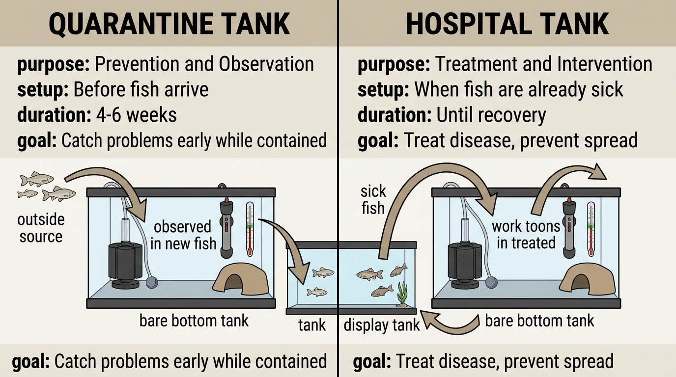Comparison chart showing the difference between quarantine tank (prevention/observation) and hospital tank (treatment/intervention)