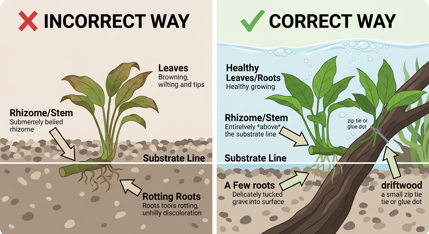 Split diagram showing the wrong way (rhizome buried in substrate, causing rot) and right way (rhizome attached above substrate on driftwood) to plant Anubias and Java Fern