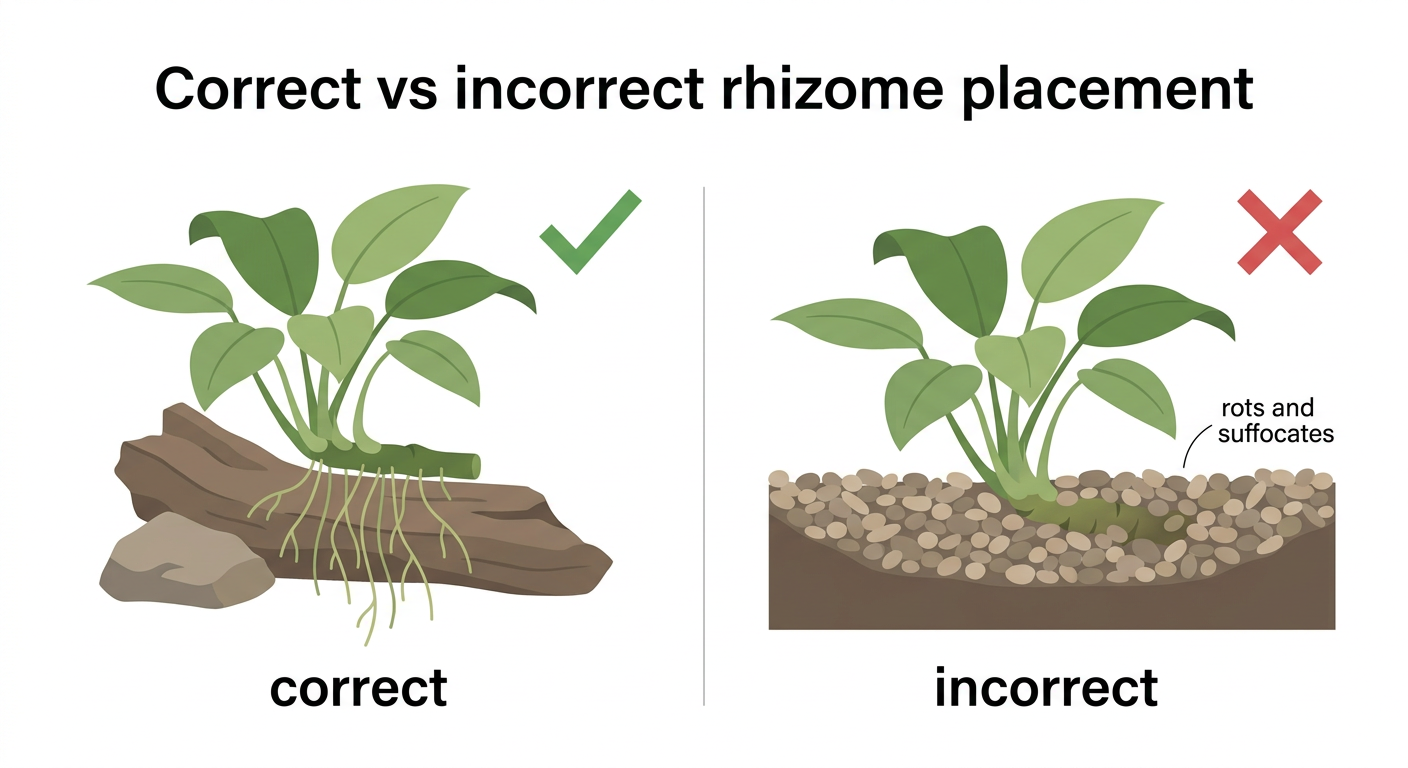 Diagram comparing correct rhizome placement above driftwood with roots dangling in water versus incorrect placement with rhizome buried in substrate