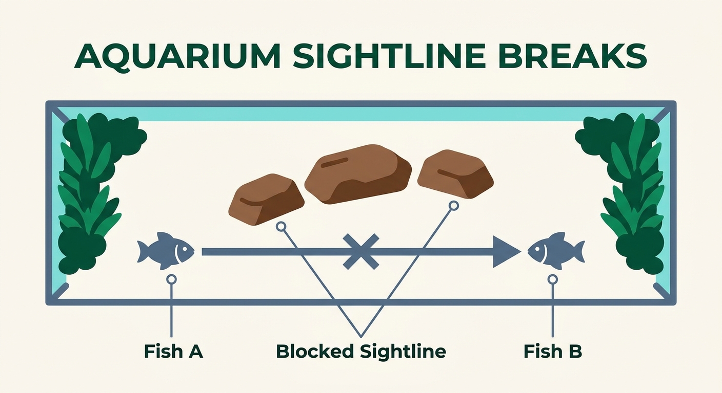 Top-down diagram showing how hardscape elements break long sightlines to reduce fish stress